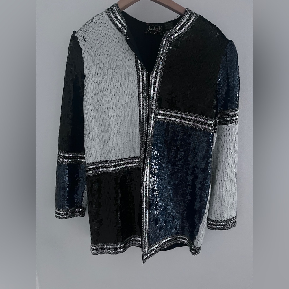 Vintage silk and Sequin long blazer black and white